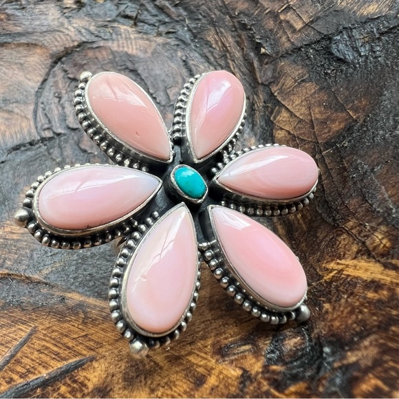 Queen Conch & Kingman Turquoise Flower Statement Ring 925 Sterling Silver | 8.5 - Picture 2 of 15